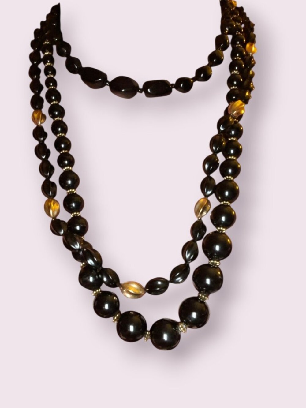 lot of 3 black and gold accent beaded Acrylic Vintage necklace Layering Bundle